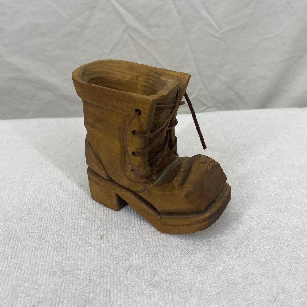 Hand Carved Wooden Work Boot Figurine Rustic Cabin Decor Miniature Organizer